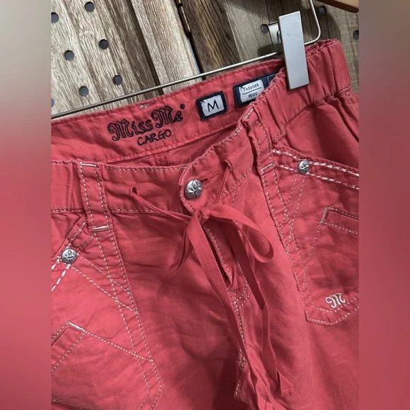 EUC MISS ME cargo linen wide leg silver embroidery pants red/orange trousers - Picture 3 of 5